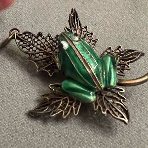 Chinese Filigree Green Painted Frog Brooch with Leaf Design.
